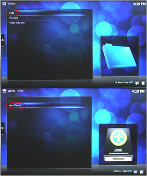 XBMCの起動画面で「Videos」－「Files」－「Add Videos...」の順に選択し、動画を保存したフォルダを指定します